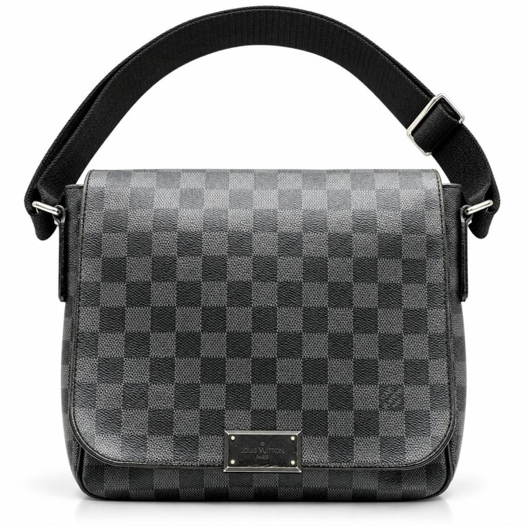 LOUIS VUITTON DAMIER GRAPHITE DISTRICT PM 9.25": Louis Vuitton District PM messenger bag, model N41260, crafted in the house's masculine Damier Graphite coated canvas with black cowhide leather trim and silver-tone hardware. The compact,