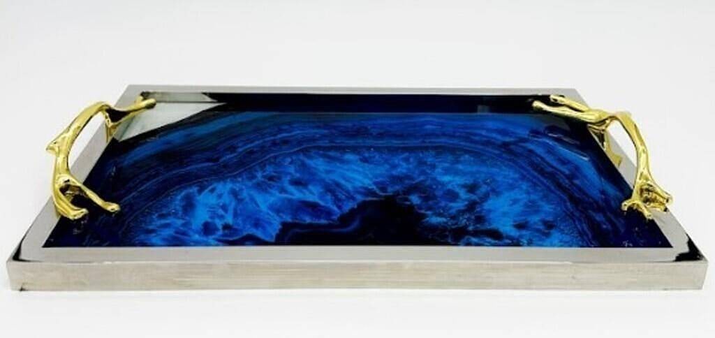 NEW!! BLUE AGATE STYLE SERVING TRAY: gold-tone branch handles, creating a sophisticated contrast of organic and modern design elements. The bold coloration and mixed-metal detailing evoke Palm Beach luxury and contemporary glam styling, 