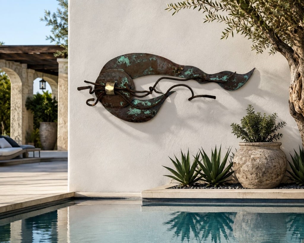 ABSTRACT PATINATED METAL WALL SCULPTURE 47": Large-scale abstract metal wall sculpture featuring layered curved sheet-metal forms, hand-forged scrolling rods and a contrasting brass-tone central band. The composition has a dramatic organic, free