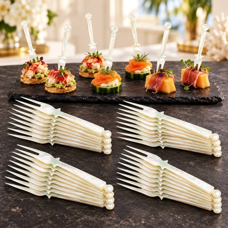 42 MOTHER OF PEARL HORS D'OEUVRE FORKS 3": Collection of 42 mother-of-pearl hors d'oeuvre forks, also suitable as cocktail or appetizer picks. Each features two slender pointed tines, shaped shoulders and a tapered handle ending in a rounded f
