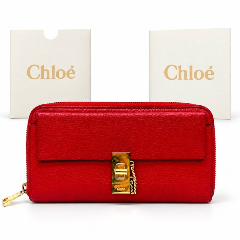 CHLOE DREW RED LEATHER ZIP-AROUND WALLET: .