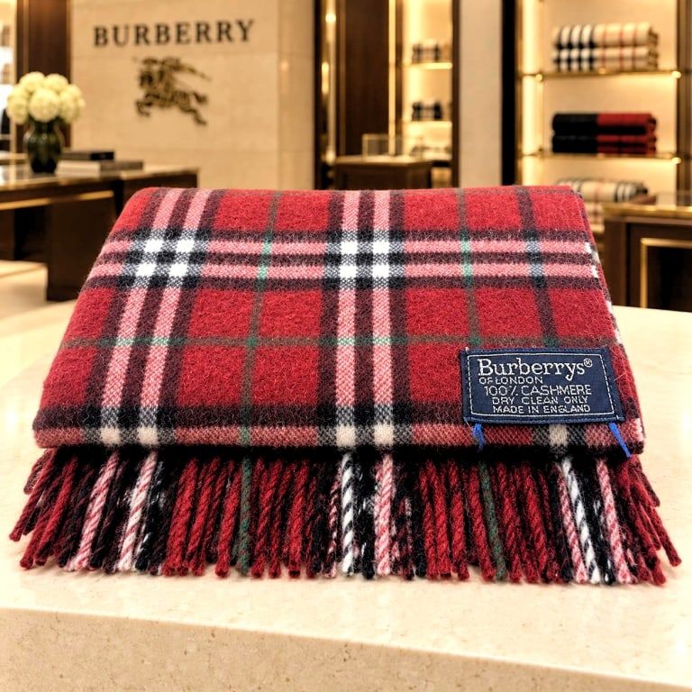 VINTAGE BURBERRYS RED CHECK LAMBSWOOL SCARF: Vintage Burberrys of London scarf crafted in England from 100% lambswool. This classic cold-weather accessory features a rich red ground with the house?s recognizable check pattern in black, white, pi