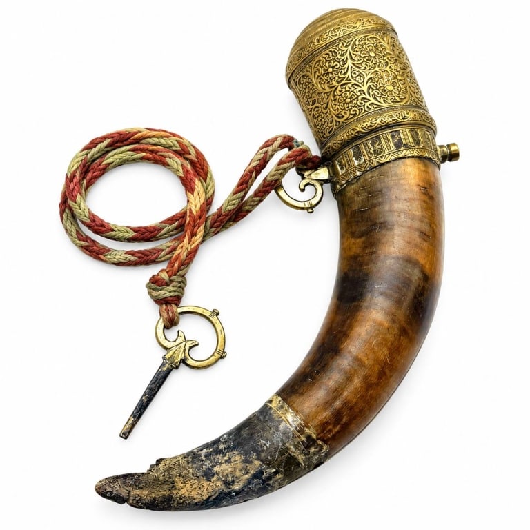 19TH CENTURY NORTH AFRICAN BRASS POWDER HORN 13": Antique 19th-century North African powder horn, likely Moroccan, featuring a sweeping curved natural horn body with amber-brown coloration shading to a dark tapered tip. The broad end is fitted with a