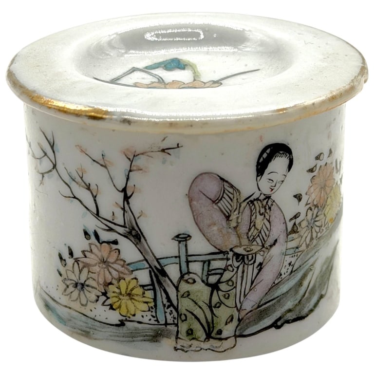 MINI CHINESE PORCELAIN TEA JAR W EXPORT SEAL 2": Miniature vintage Chinese hand-painted porcelain covered jar, approximately 2" in size, decorated with a delicate figural garden scene depicting a woman amid flowering plants and scholar-style objects