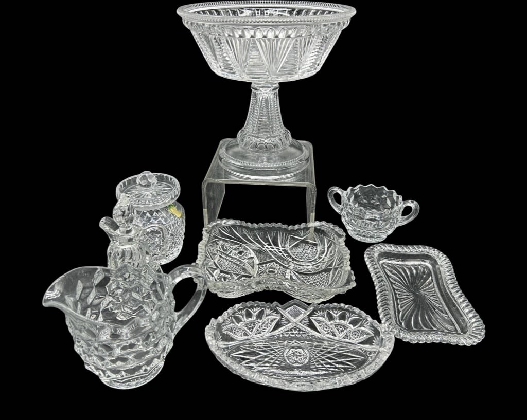 VINTAGE CUT GLASS SERVING COLLECTION 8PC 8": Vintage 8 piece clear cut and pressed glass serving collection featuring an attractive assortment of traditional geometric, starburst, diamond and fan motifs. The group includes a substantial pedestal