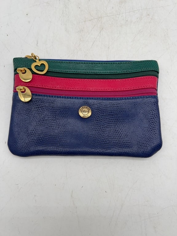 Capri Italian Leather Tricolor Coin Purse: Capri Sorrento Italy coin purse crafted from textured leather in blue, red, and green, featuring gold-tone zipper pulls and a heart detail. Purse measures approximately 6 inches wide.
