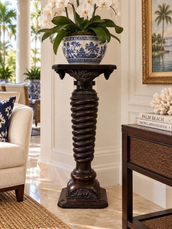 ANTIQUE CARVED WOOD PEDESTAL STAND 35" H: Handsome antique-style carved wood pedestal or plant stand featuring a substantial architectural form with a richly turned spiral-fluted central column, stepped molded base, and square top with clippe