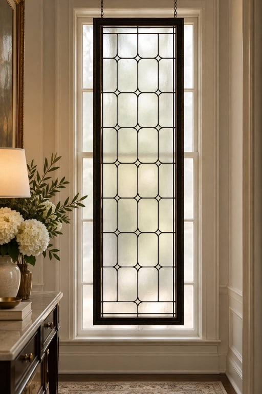 ANTIQUE LEADED GLASS WINDOW PANEL 89": Tall antique-style leaded glass architectural window panel featuring clear and lightly textured glass panes arranged in a repeating geometric pattern with small diamond-form intersections. The panel i