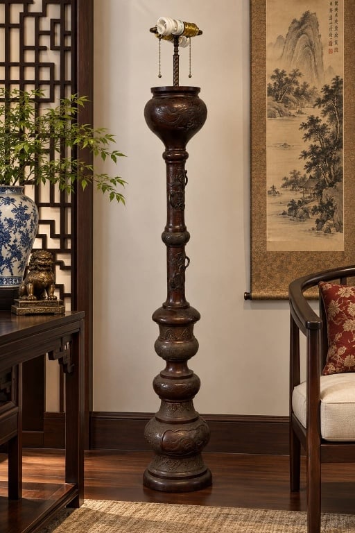 ASIAN BRONZE DRAGON & PHOENIX FLOOR LAMP 66" (1 of 10)