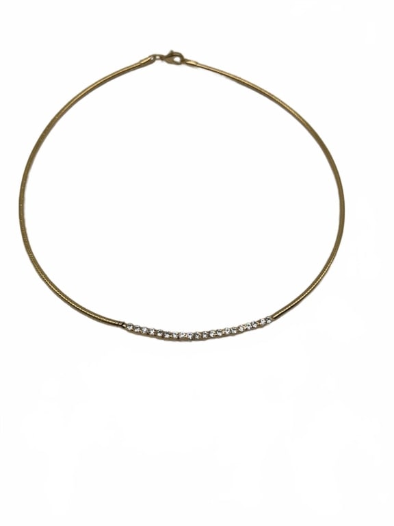 Gold Choker Necklace with Diamond Accents: Gold-tone choker necklace featuring a central row of clear diamond accents set in a straight bar. The necklace has a clasp closure and measures approximately 5.5 inches in diameter. Simple and elegant