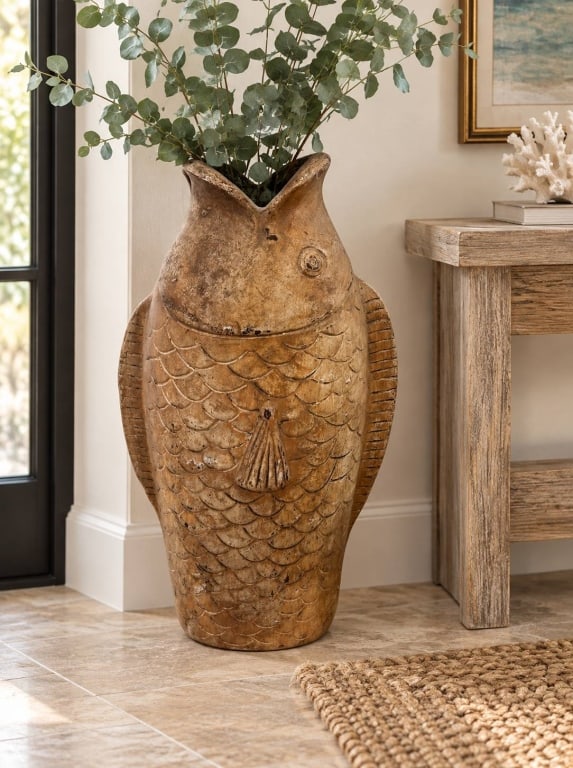 LARGE FOLK ART CERAMIC FISH VESSEL 26": Large sculptural pottery/ceramic vessel modeled as a whimsical fish, featuring deeply incised overlapping scales, dimensional side fins, raised circular eye, projecting open mouth and a large opening 