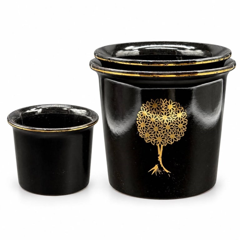 3 WEST GERMAN BLACK & GOLD CACHEPOTS 9": Three graduated ceramic cachepots featuring glossy black glaze, flared rims and gold trim, with a stylized gold flowering-tree design visible on the largest pot. Photographed underside markings includ