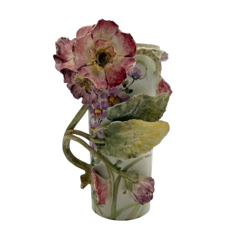 ANTIQUE FLORAL APPLIED PORCELAIN VASE: Striking antique-style porcelain vase featuring an elaborate three-dimensional floral design with large hand-modeled pink blossoms, buds, twisting stems and oversized green and yellow leaves applied i