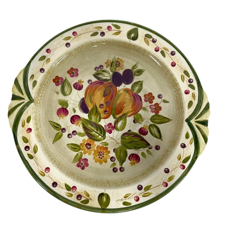 HAND PAINTED ITALIAN STYLE FRUIT PLATTER 15": Large decorative ceramic serving platter featuring a colorful hand-painted fruit and floral motif in rich shades of plum, orange, burgundy, green and yellow against a softly brushed cream ground. The 