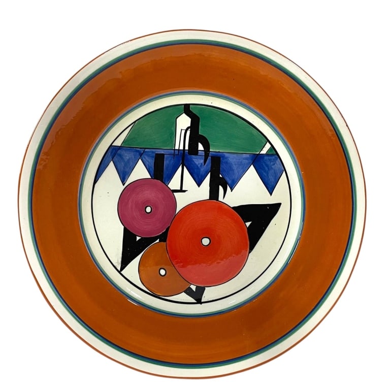 ART DECO STYLE HAND PAINTED CERAMIC PLATE: Striking decorative ceramic plate featuring a bold Art Deco-inspired geometric composition in vivid orange, cobalt blue, emerald green, black, burgundy and cream. The central design incorporates styli