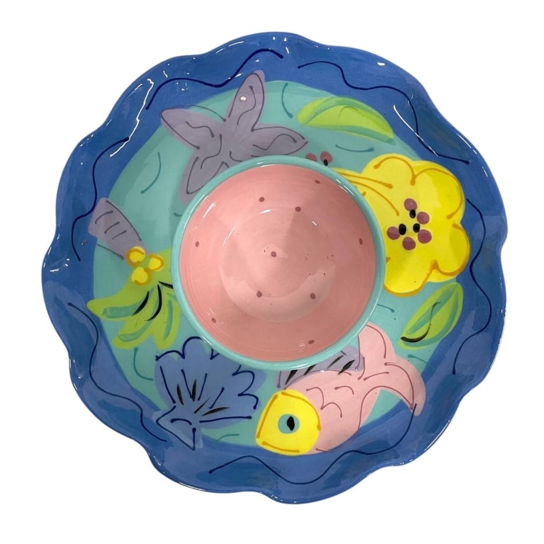 SIGNED HAND PAINTED TROPICAL CHIP & DIP SET 12": Colorful signed hand-painted ceramic chip and dip serving set featuring a large scalloped platter with fitted center bowl. Decorated in a playful tropical motif with a pink fish, purple starfish, seas