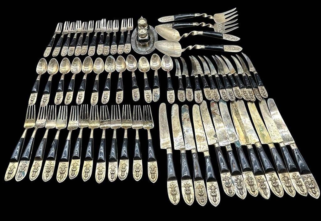 SIAM THAI BUDDHA DARK ROSEWOOD & BRASS FLATWARE: SIAM THAI BUDDHA DARK ROSEWOOD & BRASS FLATWARE | 67 UTENSIL PIECES | GOOD PREOWNED CONDITION/ SEE PHOTOS OF TARNISH | KK 927 #10
