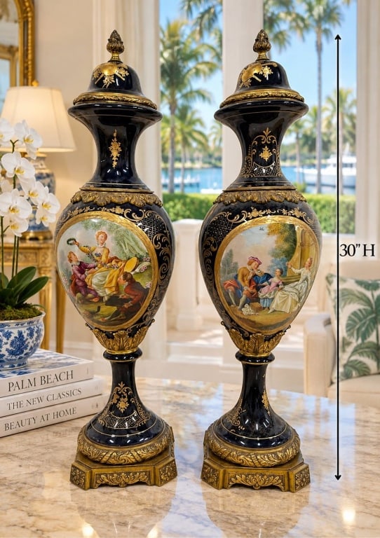 PAIR LARGE ROCOCO PORCELAIN & BRONZE URNS 30": Impressive matching pair of large Continental-style porcelain and gilt bronze mounted covered urns, each approximately 30 inches high. The urns feature deep cobalt/black glazed porcelain bodies richly