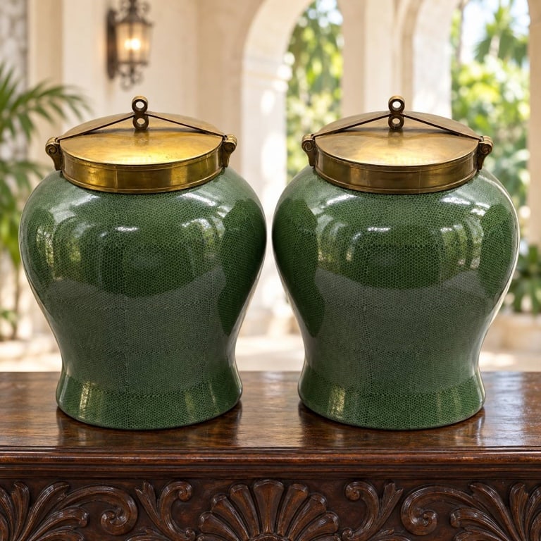 PAIR DOMINIC GREEN CERAMIC URNS WITH BRASS LIDS: Pair of decorative ceramic urns identified as the Dominic Green design, featuring rich green glazed bodies with a fine, repeating circular pattern reminiscent of shagreen. Rounded shoulders taper to g