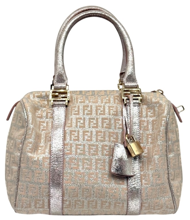 FENDI ZUCCHINO METALLIC SPEEDY HANDBAG 10": Fendi Zucchino Speedy-style handbag purse featuring the iconic FF monogram canvas in metallic pink and silver tones. The bag is accented with metallic leather trim, gold-tone Fendi logo hardware, dual