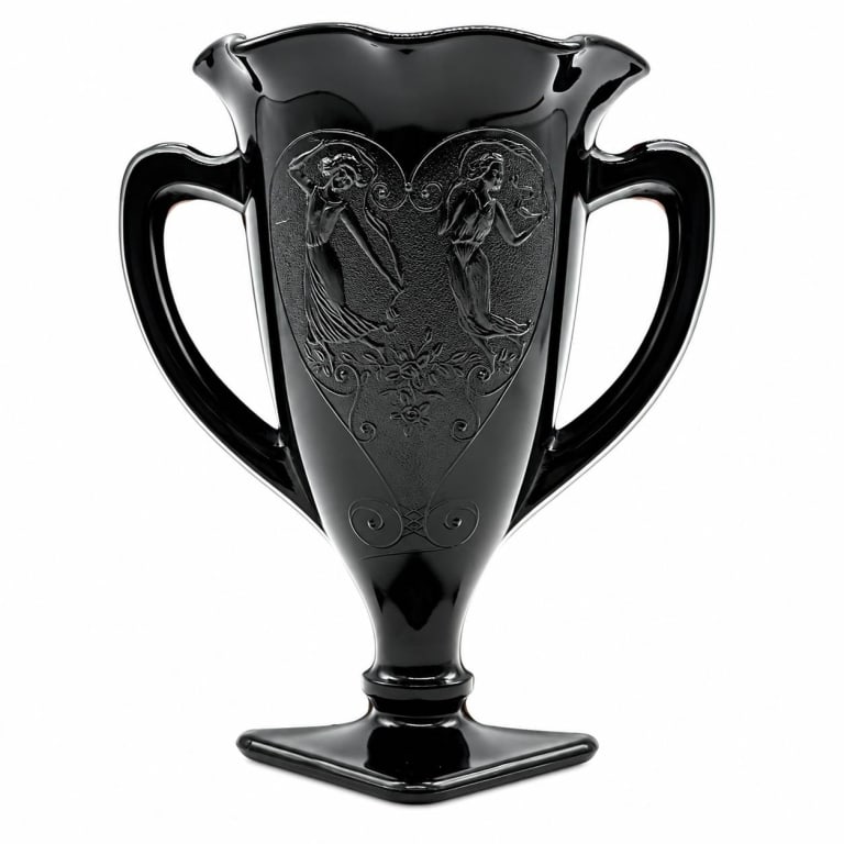 BLACK GLASS FIGURAL DOUBLE-HANDLED VASE 9" (1 of 6)