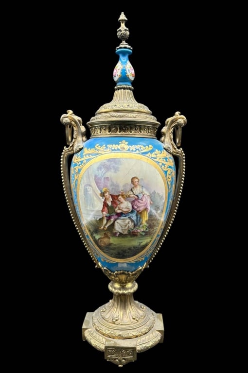SEVRES STYLE BRONZE MOUNTED PORCELAIN URN 21" (1 of 12)