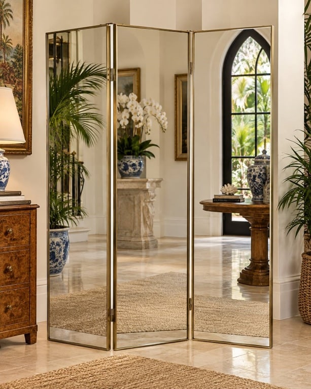 VINTAGE 3-PANEL BRASS FOLDING MIRROR 73" (1 of 5)