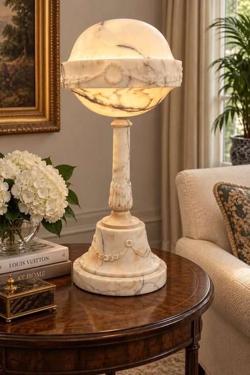 CARVED ALABASTER MARBLE PEDESTAL LAMP 31" (1 of 9)