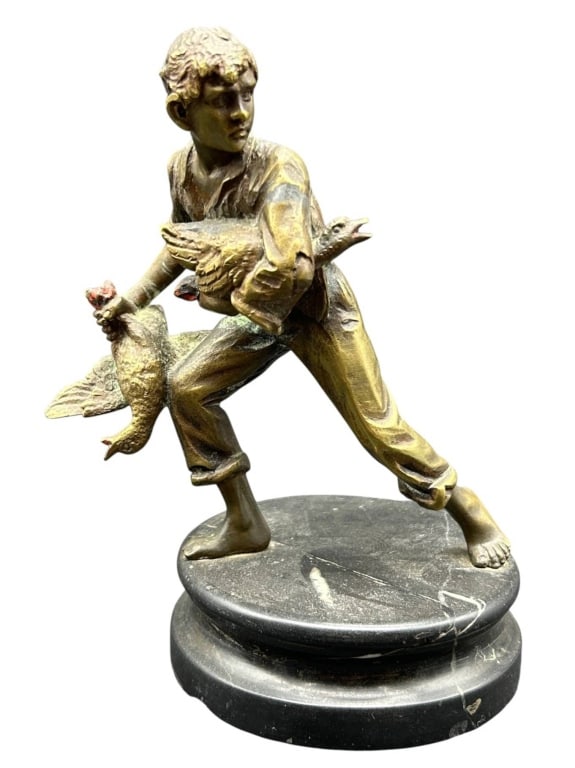 ANTIQUE BRONZE BOY WITH GAME BIRDS SCULPTURE 6" (1 of 7)