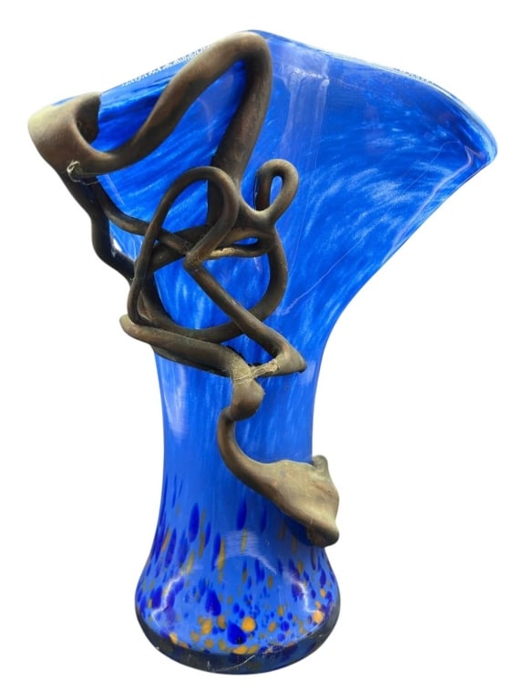 SIGNED COBALT BLUE MIXED MEDIA GLASS VASE 13" (1 of 9)