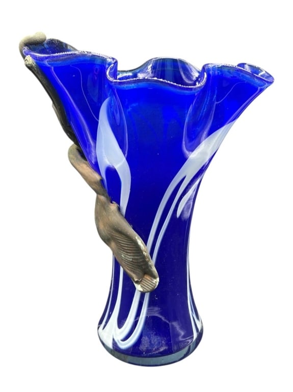 SIGNED COBALT BLUE ART GLASS VASE 15" (1 of 10)