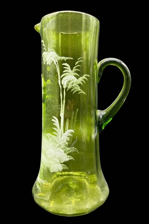 ANTIQUE GREEN GLASS ENAMELED PITCHER 11" (1 of 8)