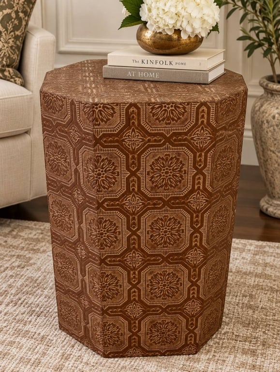 EMBOSSED MOROCCAN STYLE PEDESTAL TABLE 24": Decorative octagonal pedestal or accent table featuring an allover embossed geometric and floral pattern in warm brown and tan tones. The repeating medallion design covers the top and sides, creating