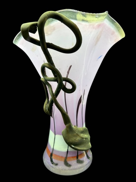 SIGNED ROMANIA 2002 ART GLASS VASE 14": Striking contemporary Romanian art glass vase dated 2002, featuring a tall flared trumpet form in translucent lavender-pink glass with pale green accents and a dramatically ruffled free-form rim. The