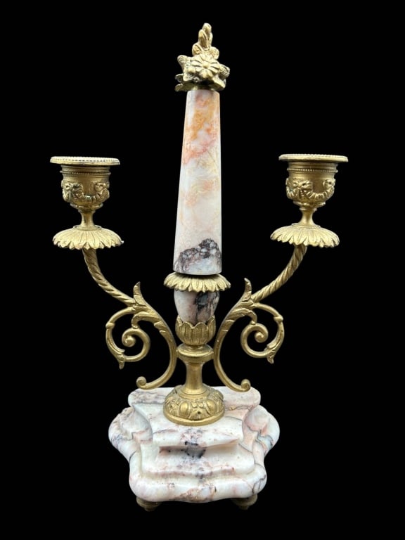 ANTIQUE MARBLE & BRASS DOUBLE CANDLESTICK 10" (1 of 7)