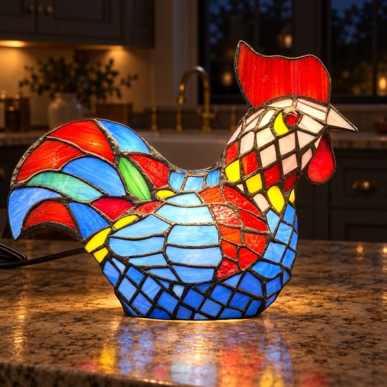STAINED GLASS ROOSTER NIGHT LIGHT LAMP 11.5": Colorful rooster-form stained glass accent lamp featuring blue body panels, a bright red comb and wattle, pink and white neck detailing, and sweeping multicolored tail feathers. Dark metal seams