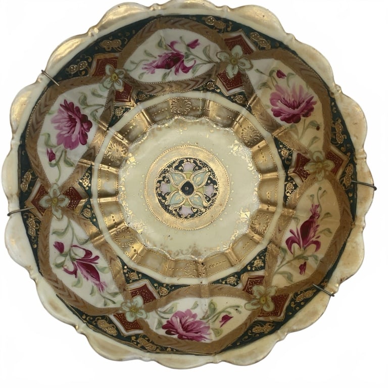 Hand-Painted Floral Porcelain Bowl: Porcelain bowl featuring hand-painted floral motifs with pink flowers and decorative gold accents. Scalloped edges and a diameter of approximately 10 inches. Includes a metal hanging wire attached to 