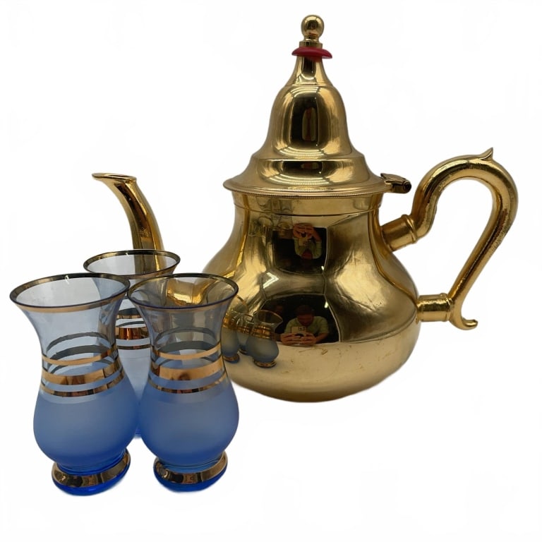 Gold Tone Teapot with Three Blue Glasses (1 of 6)