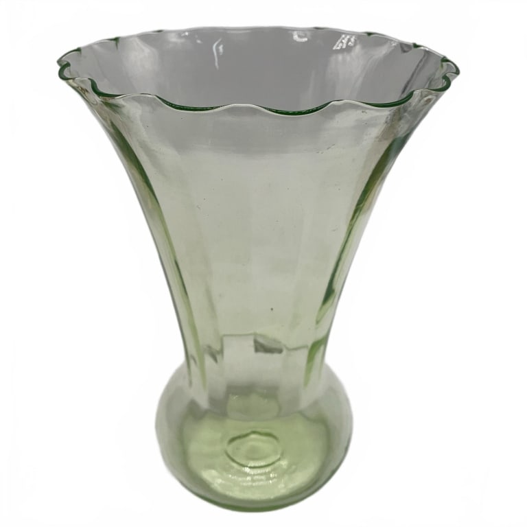 Green Flared Rim Glass Vase 9 Inch: Translucent green glass vase featuring a flared rim, vertical paneling, and a broad base. Stands approximately 9 inches tall. Suitable for floral display or decorative use. | | | Rack42