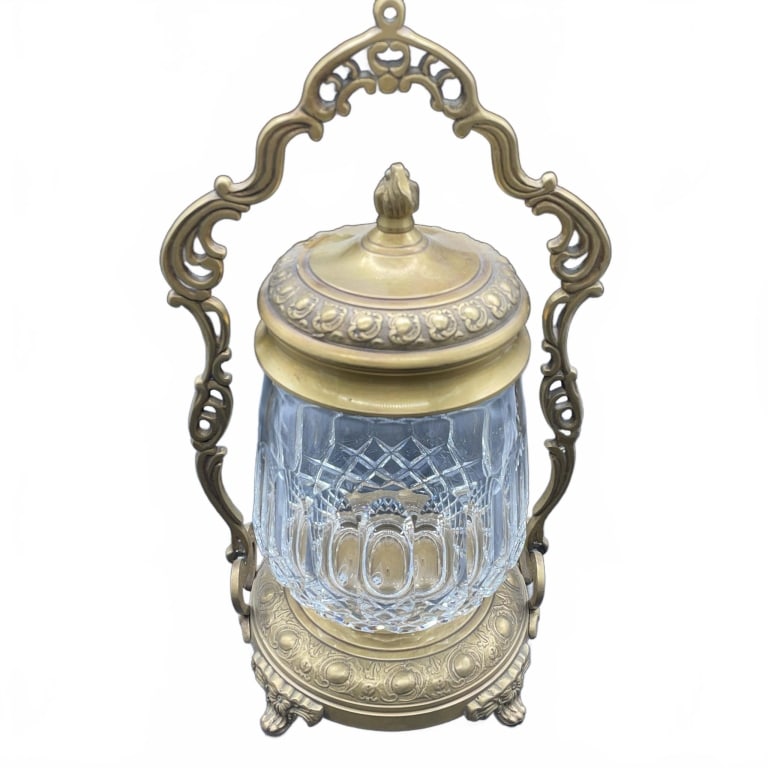 Brass and Cut Glass Biscuit Jar with Stand (1 of 3)