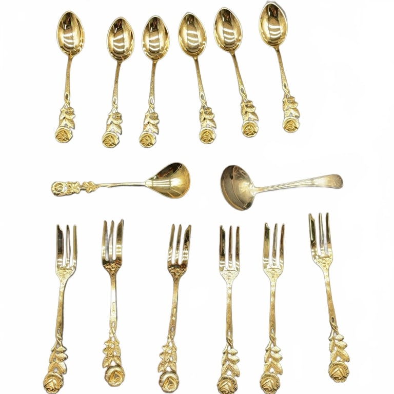 Gold Tone Rose Pattern Flatware Set, 13 Pieces (1 of 6)