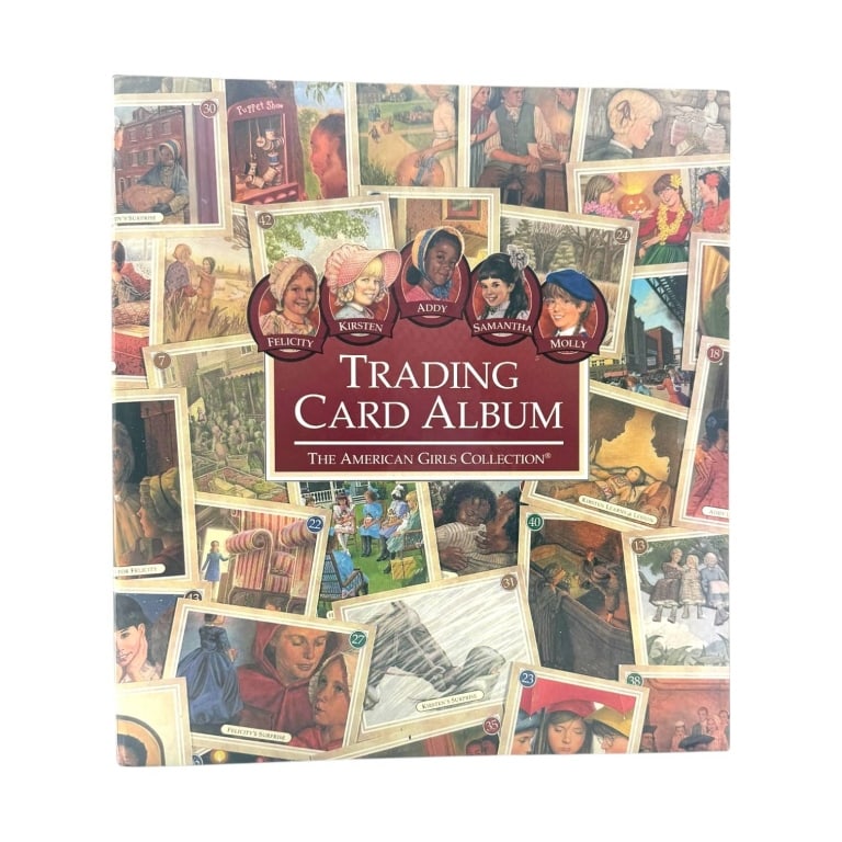 AMERICAN GIRL COLLECTIBLE CARD ALBUM & CARD SET: Pleasant Company American Girls Collection Trading Card Album with illustrated cards housed in clear nine-pocket pages. Colorful collage covers feature historical characters Felicity, Kirsten, Addy, S