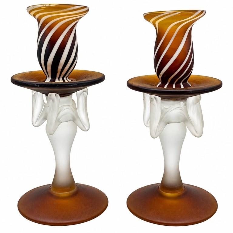 PAIR AMBER & WHITE ART GLASS CANDLESTICKS 8" (1 of 5)