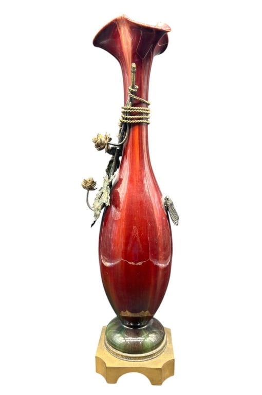 ART NOUVEAU STYLE RED PORCELAIN & BRONZE VASE 21" (1 of 8)
