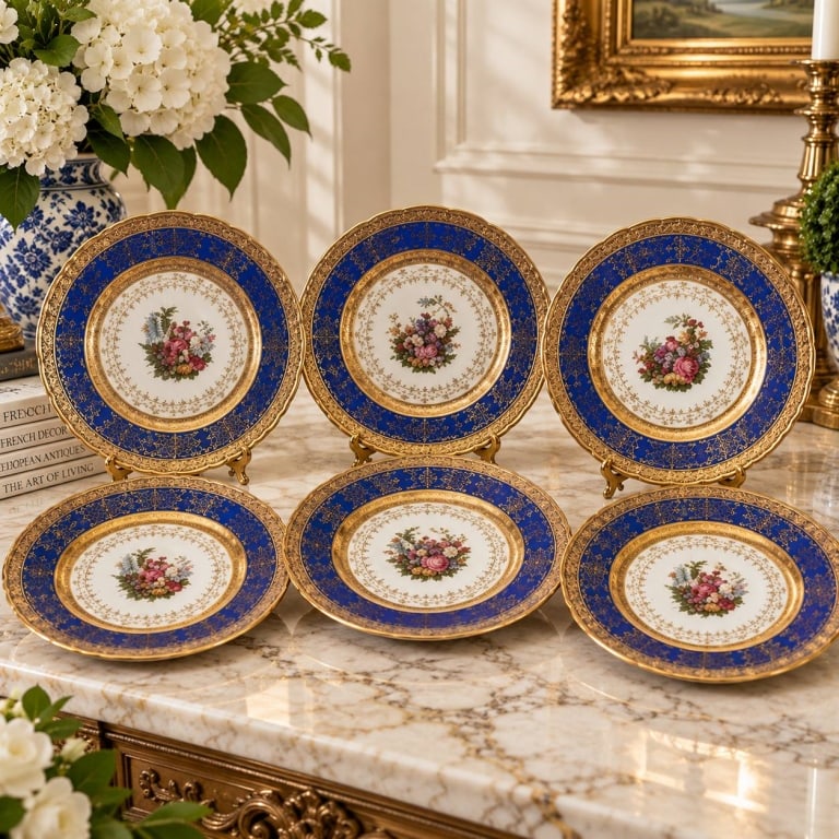 6 Porcelain Plates with Gold and Blue Rim: Six porcelain plates, each featuring a cobalt blue and ornate gold filigree border with central figural scenes. Approximate diameter is 10.5 inches. Each plate has decorative gilt and detailed classic