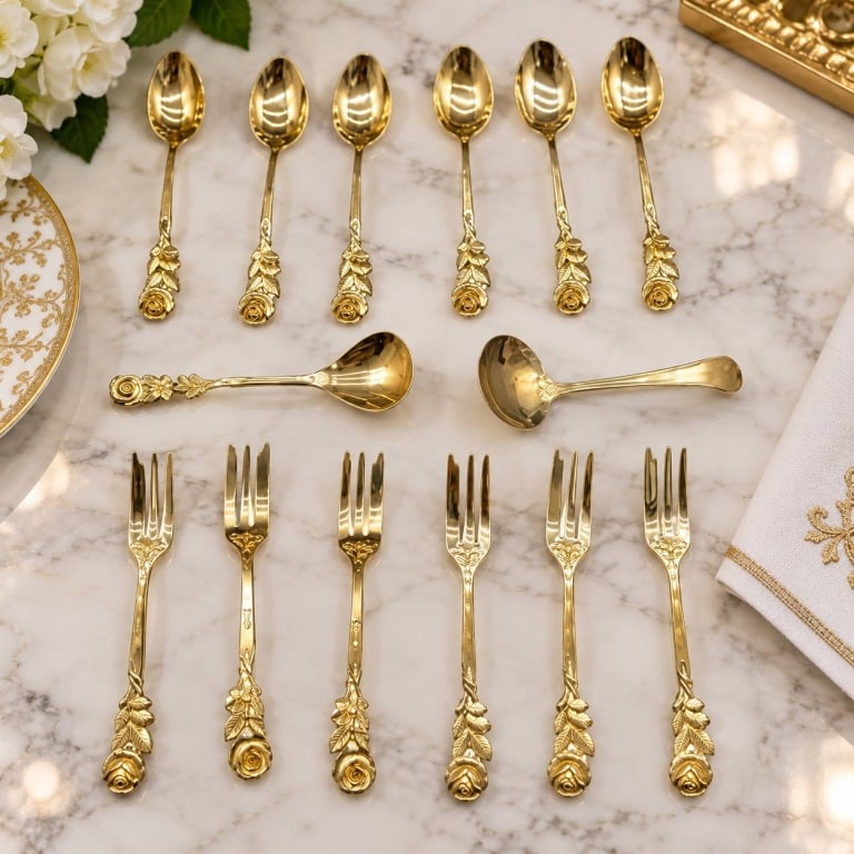 GILT ROSE MOTIF FLATWARE SET 14 PCS (1 of 7)