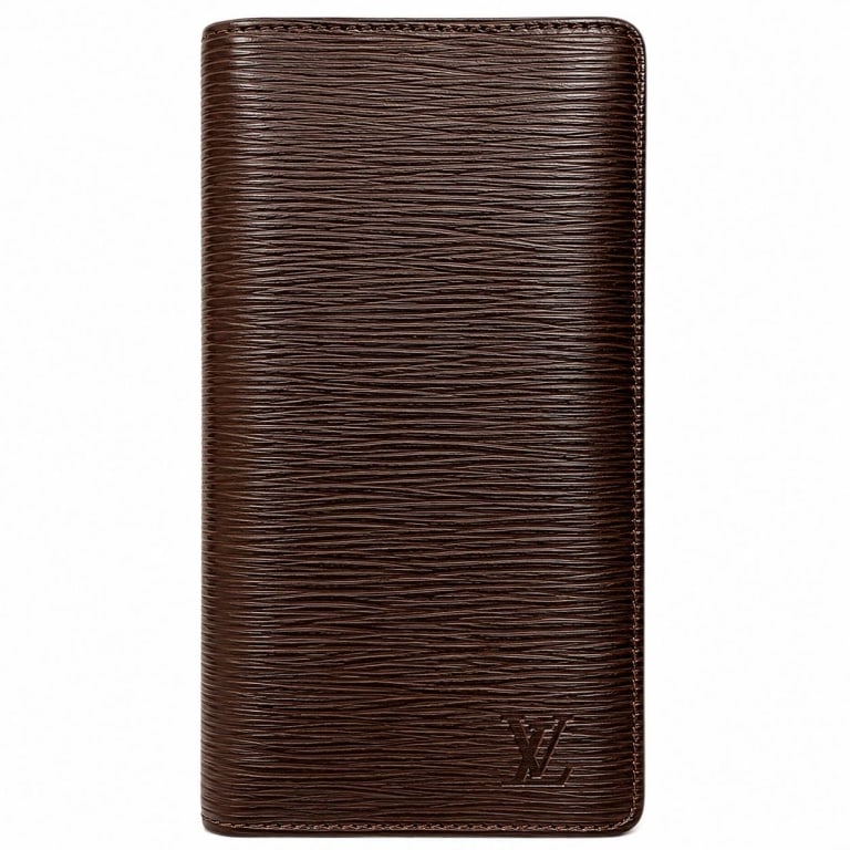 LOUIS VUITTON MAHOGANY BROWN EPI LONG WALLET 7.5": Louis Vuitton long bifold wallet crafted in classic black Epi leather, distinguished by the house's signature deeply textured horizontal grain and subtle embossed LV initials at the lower corner. The 