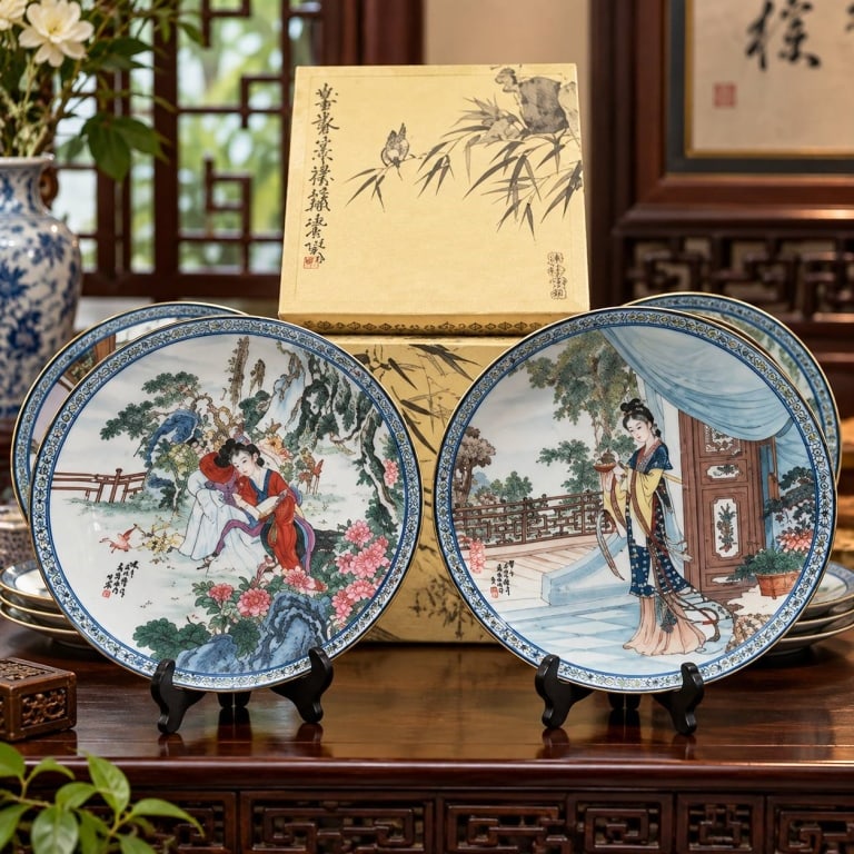 ASIAN FIGURAL PORCELAIN PLATES W/ BOX (1 of 8)