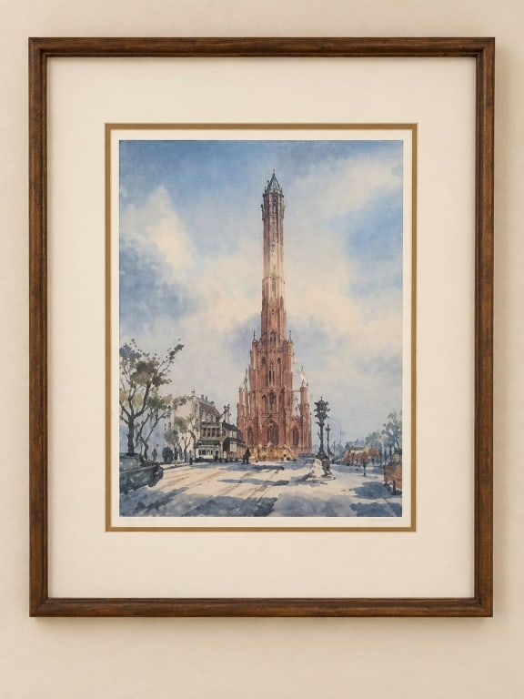 TIM LYNCH SIGNED THE WASHINGTON MONUMENT PRINT: TIM LYNCH SIGNED THE WASHINGTON MONUMENT PRINT | | Framed architectural artwork by Tim Lynch depicting the Washington Monument in a picturesque city setting with surrounding buildings, trees, and figu
