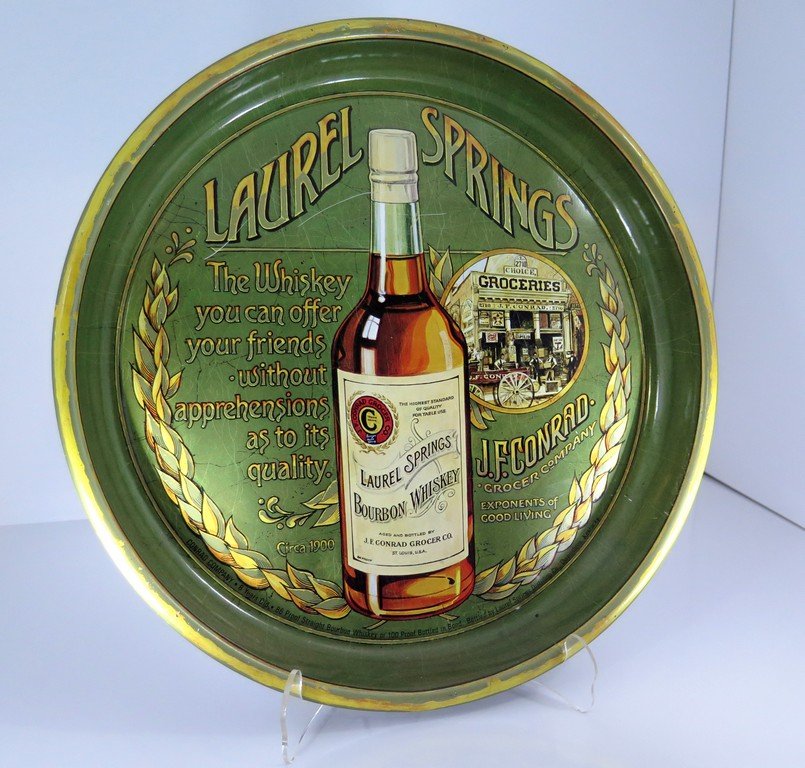 Laurel Springs Tip Serving Tray Bourbon Whiskey Conrad: Laurel Springs Tip Serving Tray Bourbon Whiskey Conrad Vintage Original (Light Surface Scratching and wear from age)